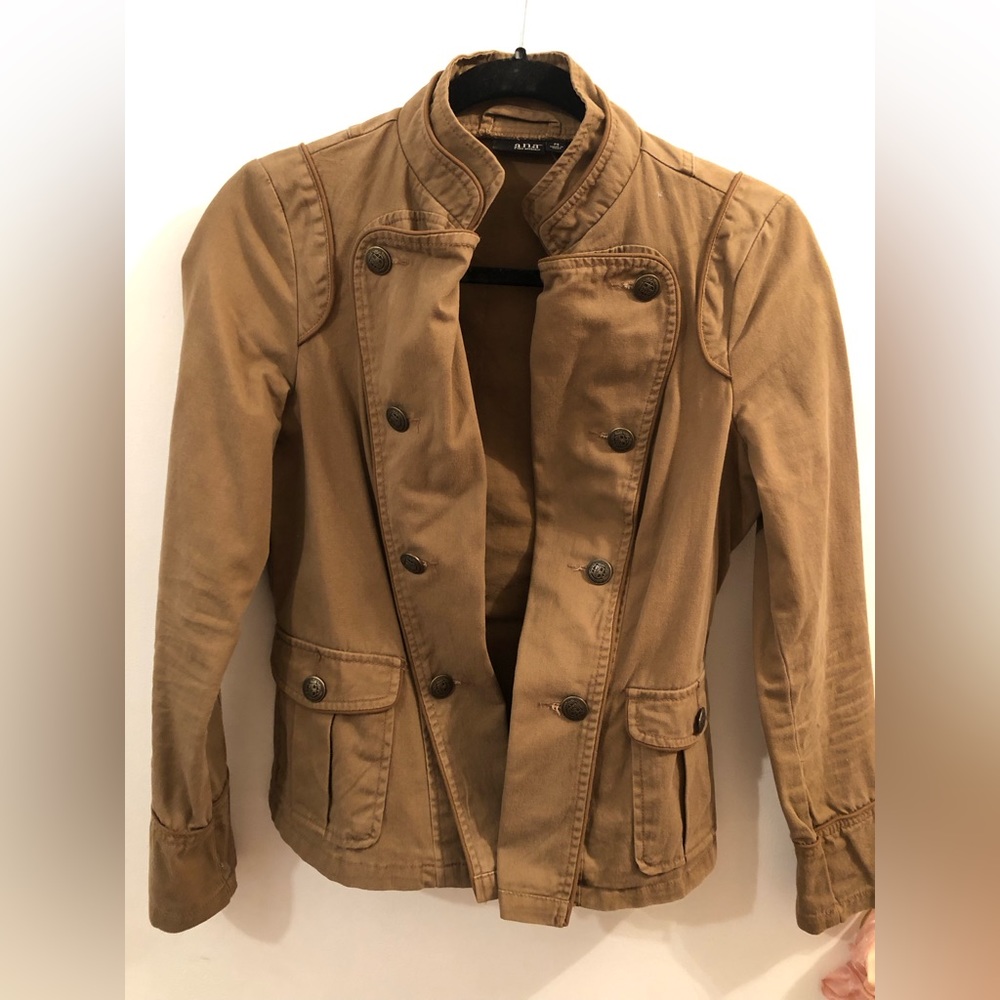 Women’s Military style Jacket size Petite small with gold bronzed buttons. Brown